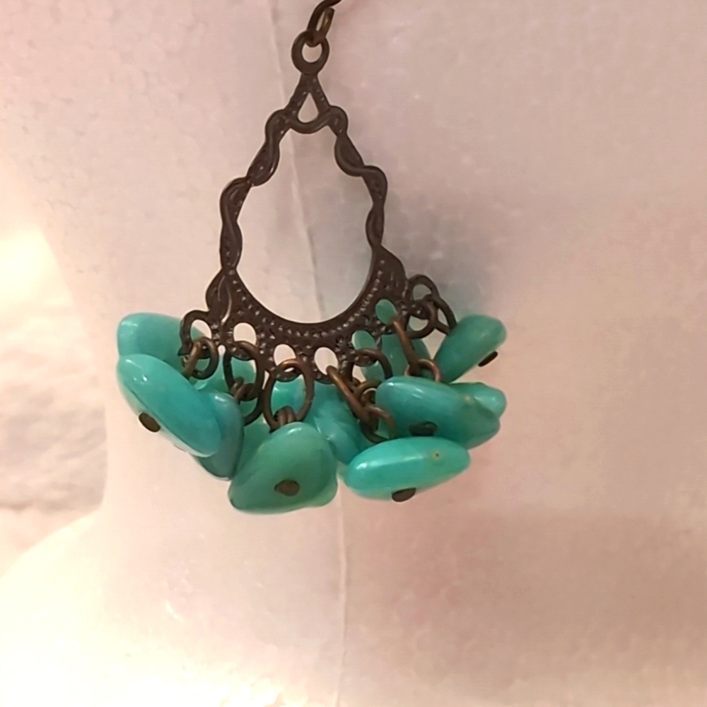 Silver Toned Turquoise Like Stoned Hanging Chandelier Hook Earrings